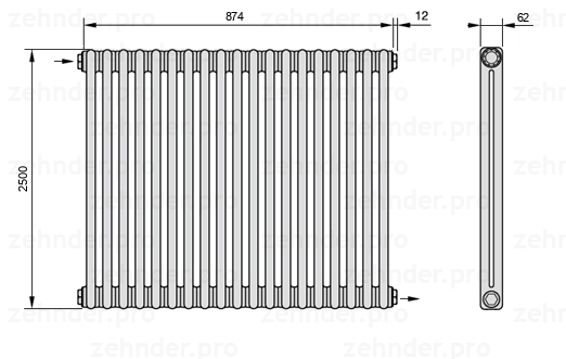 Схема (чертеж) Радиатор Zehnder Charleston 2250/19 №1670 Белый глянцевый RAL 9016